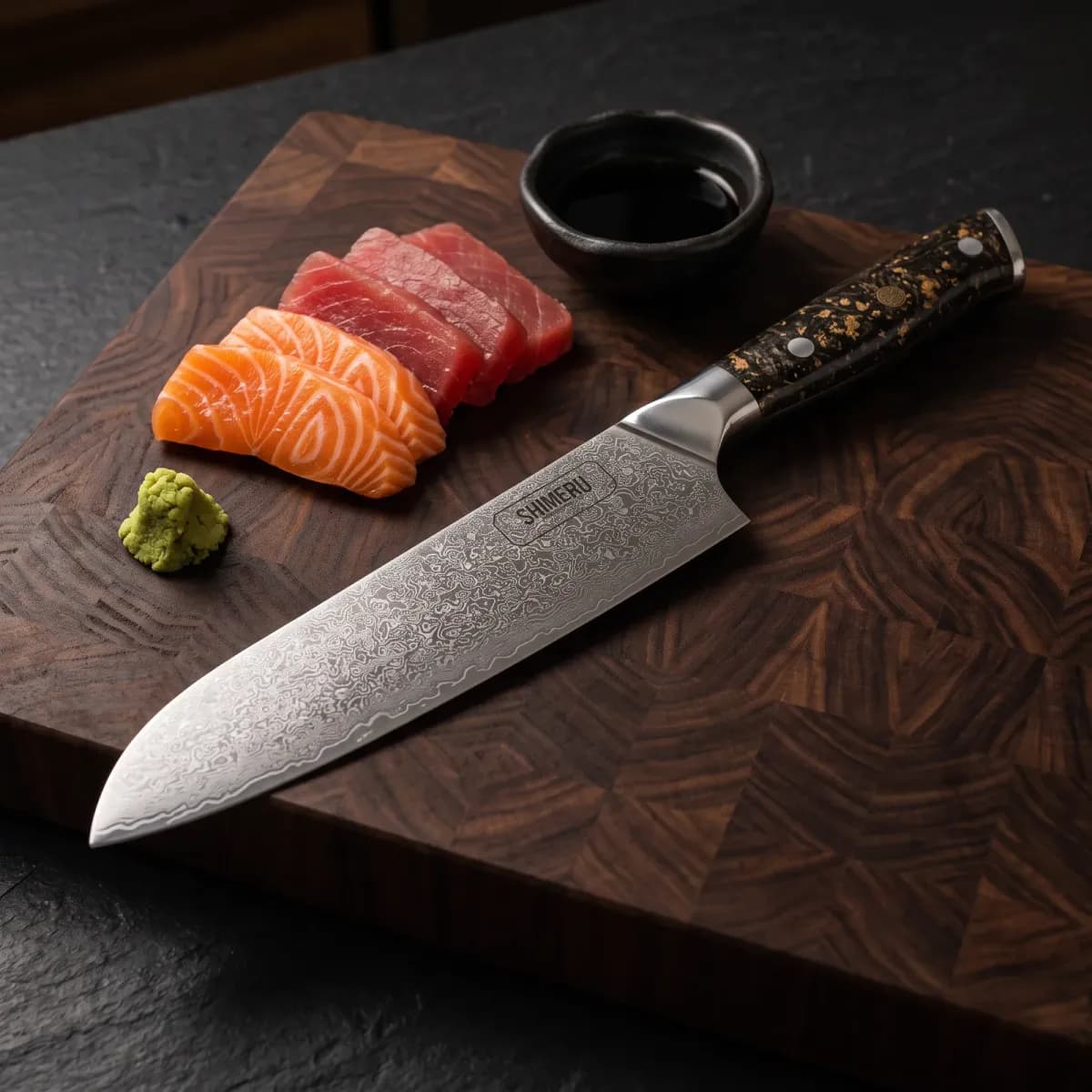Asuka 7 Damascus Steel Santoku Knife beside sliced salmon and tuna sashimi