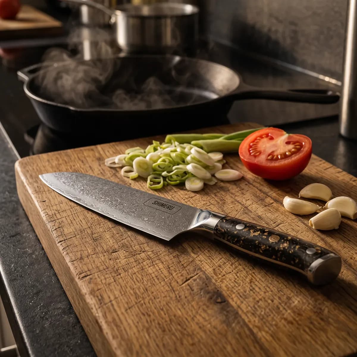 Asuka 7 Damascus Steel Santoku Knife on an oak board with spring onions, tomato and garlic