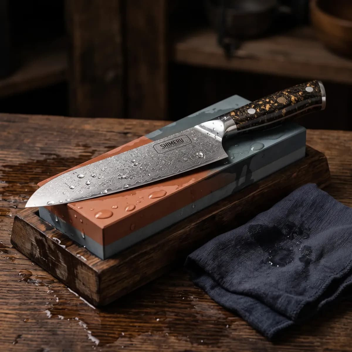 Asuka 7 Damascus Steel Santoku Knife being sharpened on a wet whetstone