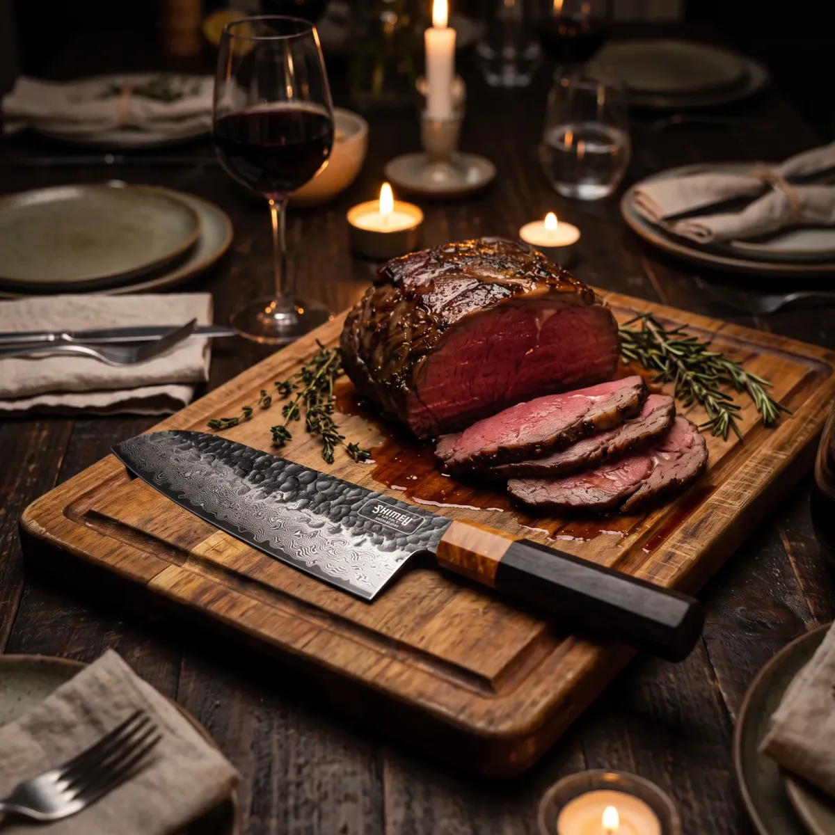 Dark Grain 7" Damascus Steel Santoku Knife on a carving board beside sliced roast beef at a candlelit dinner