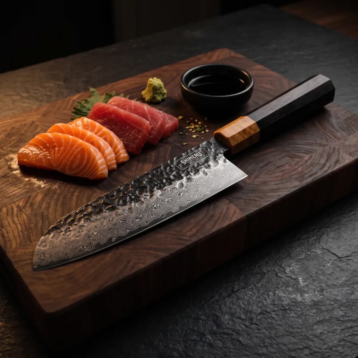 Dark Grain 7" Damascus Steel Santoku Knife beside sliced salmon and tuna sashimi