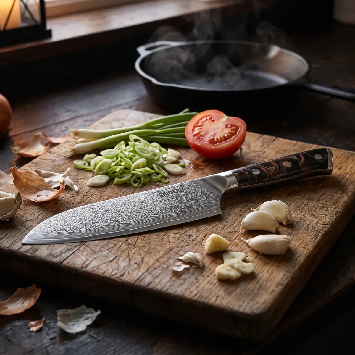 Hayama 7 Damascus Steel Santoku Knife on an oak board with spring onions, tomato and garlic