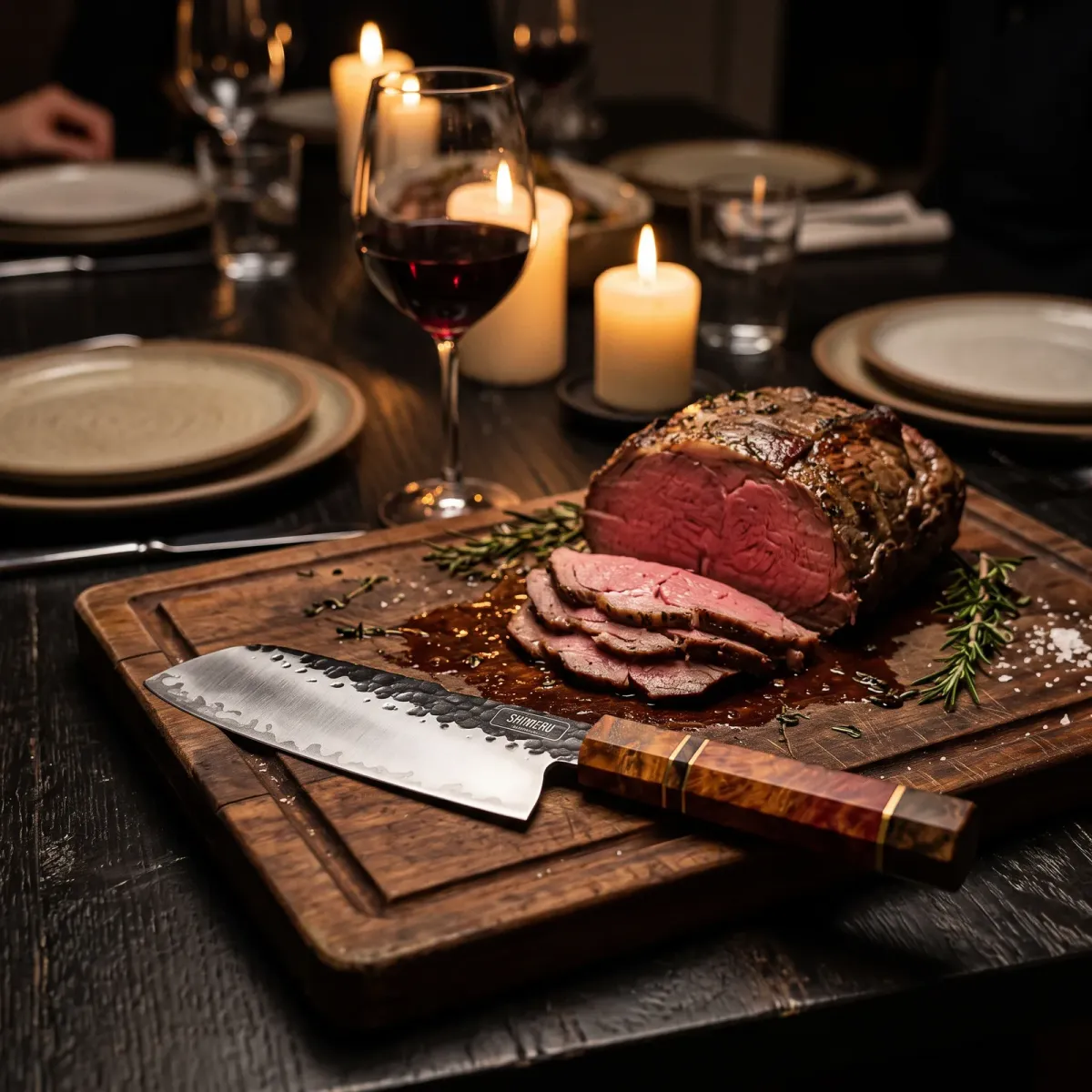 Ishikari 5" Santoku Knife on a carving board beside sliced roast beef at a candlelit dinner