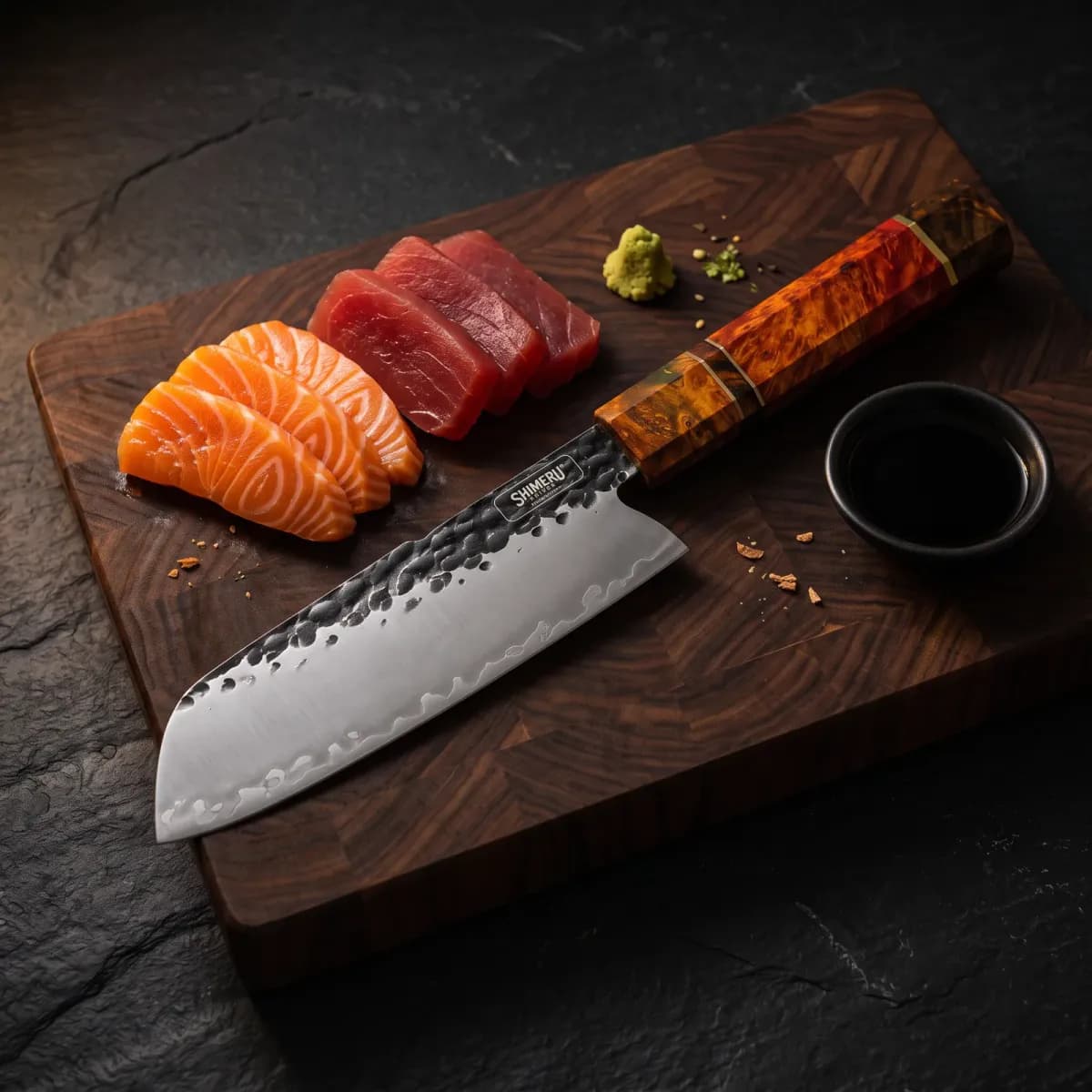 Ishikari 5" Santoku Knife beside sliced salmon and tuna sashimi