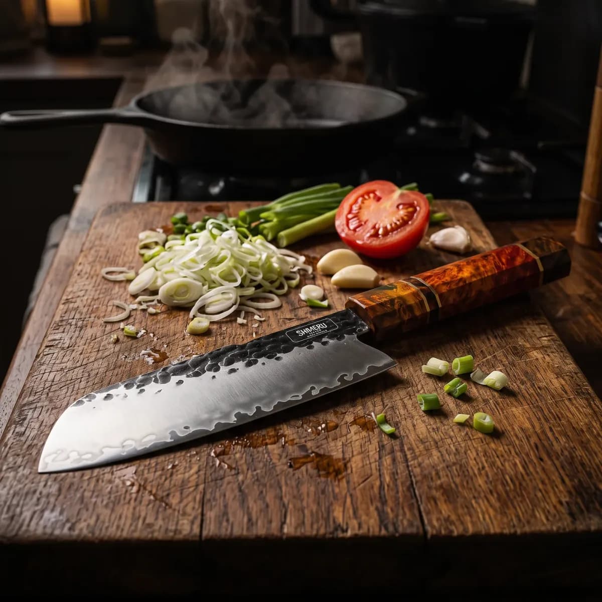 Ishikari 5" Santoku Knife on an oak board with spring onions, tomato and garlic