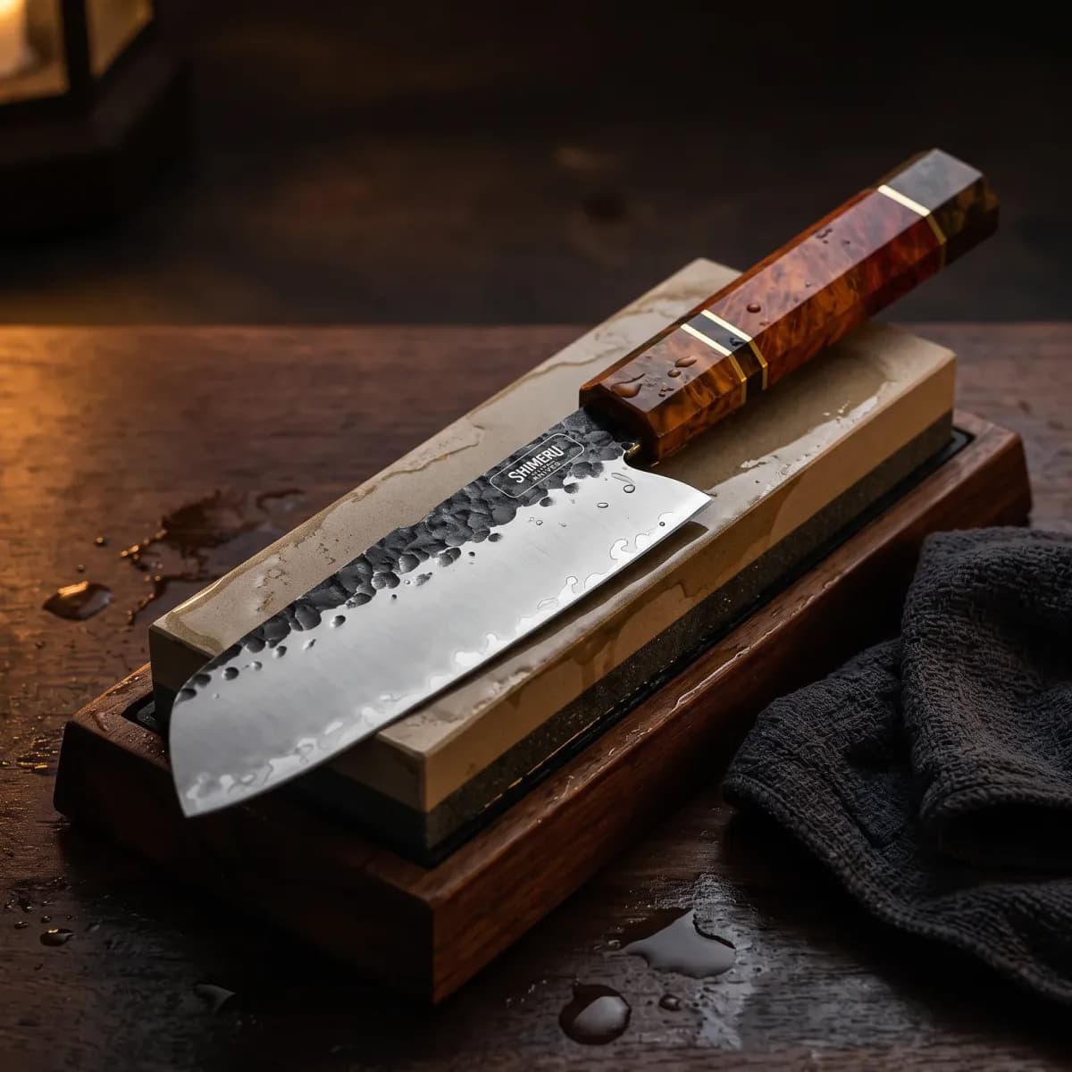 Ishikari 5" Santoku Knife being sharpened on a wet whetstone