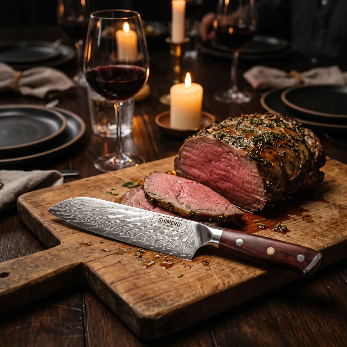Mizuki 7 Damascus Steel Santoku Knife on a carving board beside sliced roast beef at a candlelit dinner