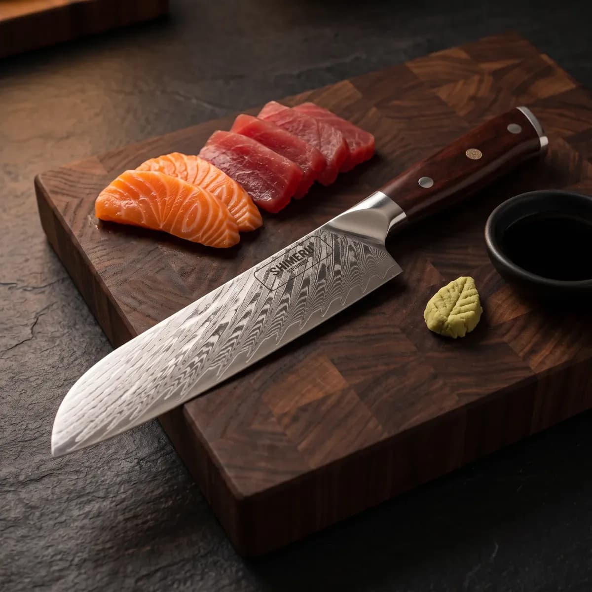 Mizuki 7 Damascus Steel Santoku Knife beside sliced salmon and tuna sashimi