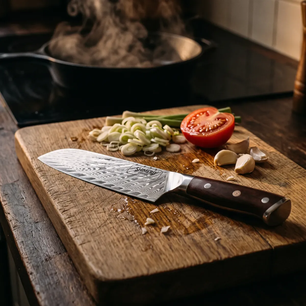 Mizuki 7 Damascus Steel Santoku Knife on an oak board with spring onions, tomato and garlic