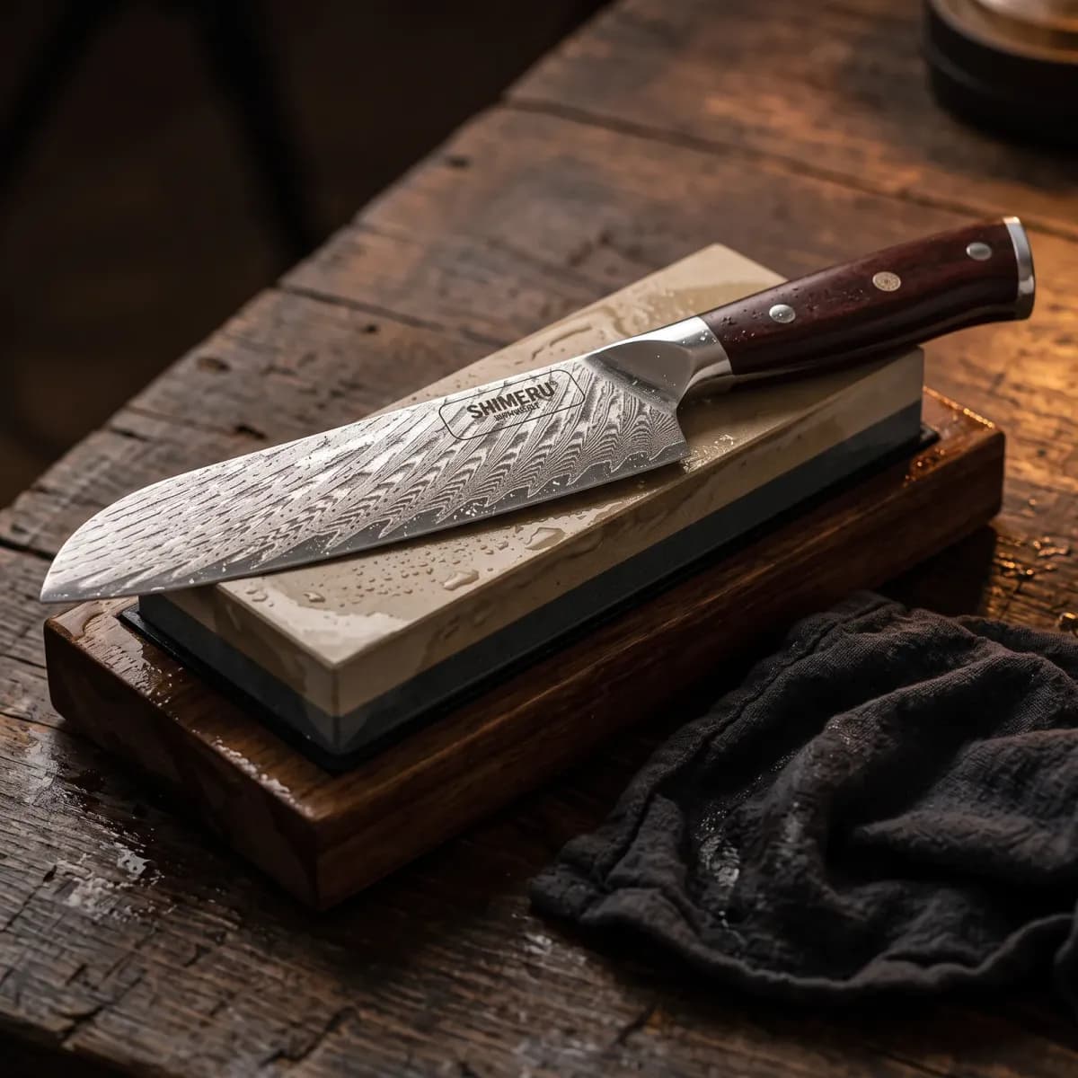 Mizuki 7 Damascus Steel Santoku Knife being sharpened on a wet whetstone