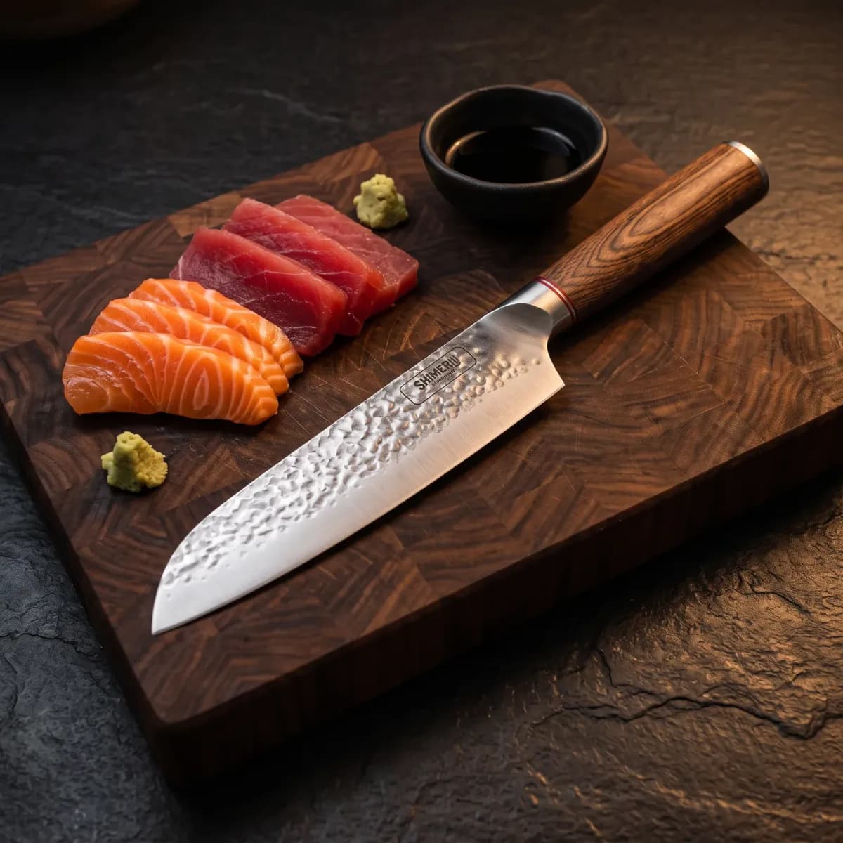 Raikou 6.5" Santoku Knife beside sliced salmon and tuna sashimi