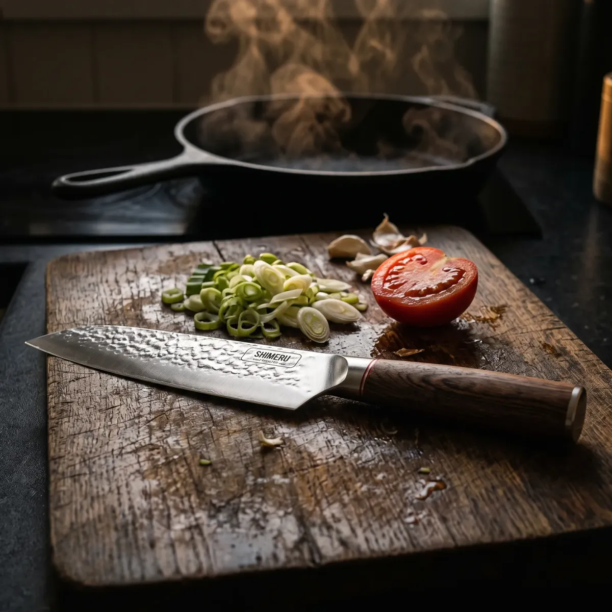 Raikou 6.5" Santoku Knife on an oak board with spring onions, tomato and garlic