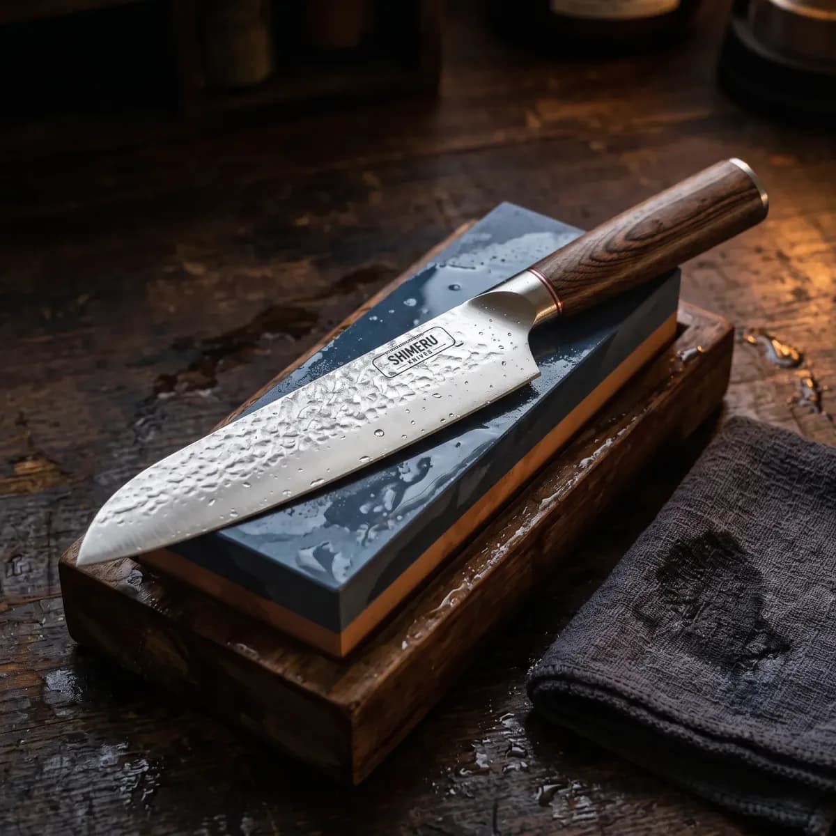 Raikou 6.5" Santoku Knife being sharpened on a wet whetstone
