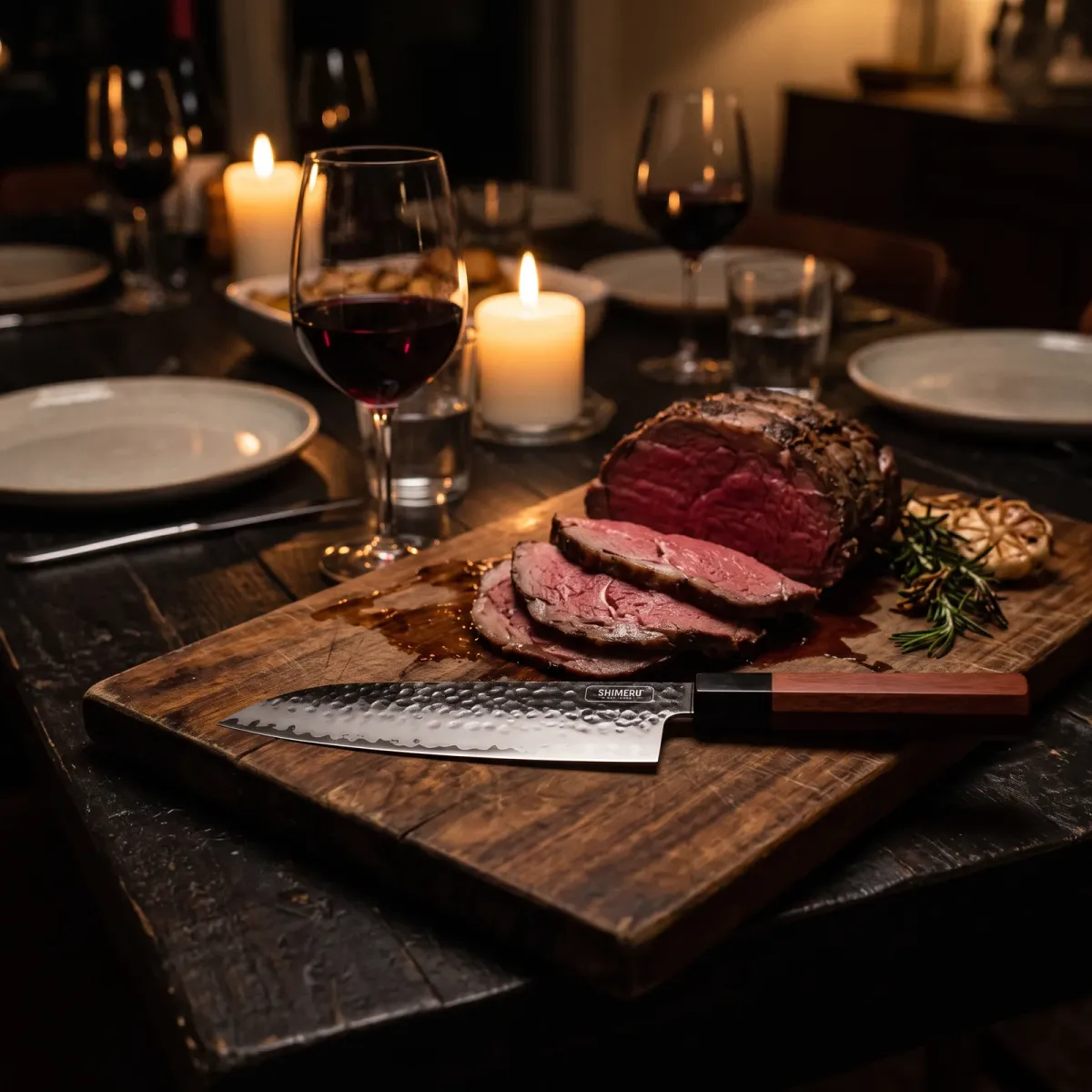 Yodo 7.5" Santoku Knife on a carving board beside sliced roast beef at a candlelit dinner