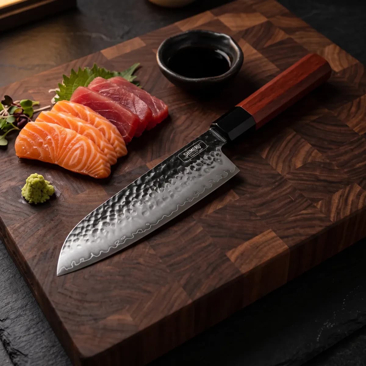 Yodo 7.5" Santoku Knife beside sliced salmon and tuna sashimi