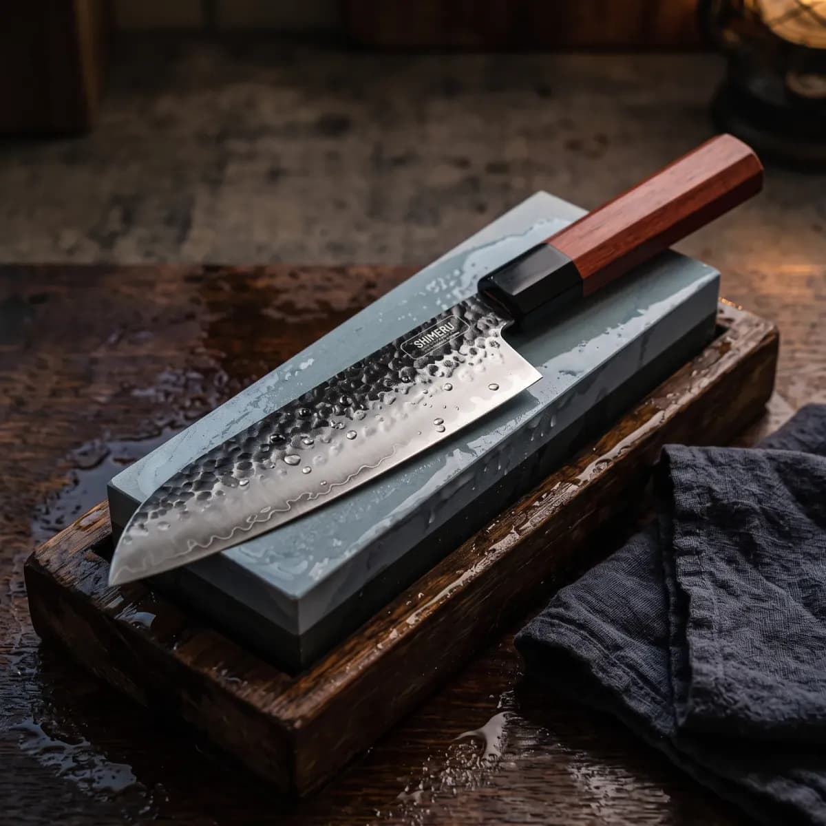 Yodo 7.5" Santoku Knife being sharpened on a wet whetstone