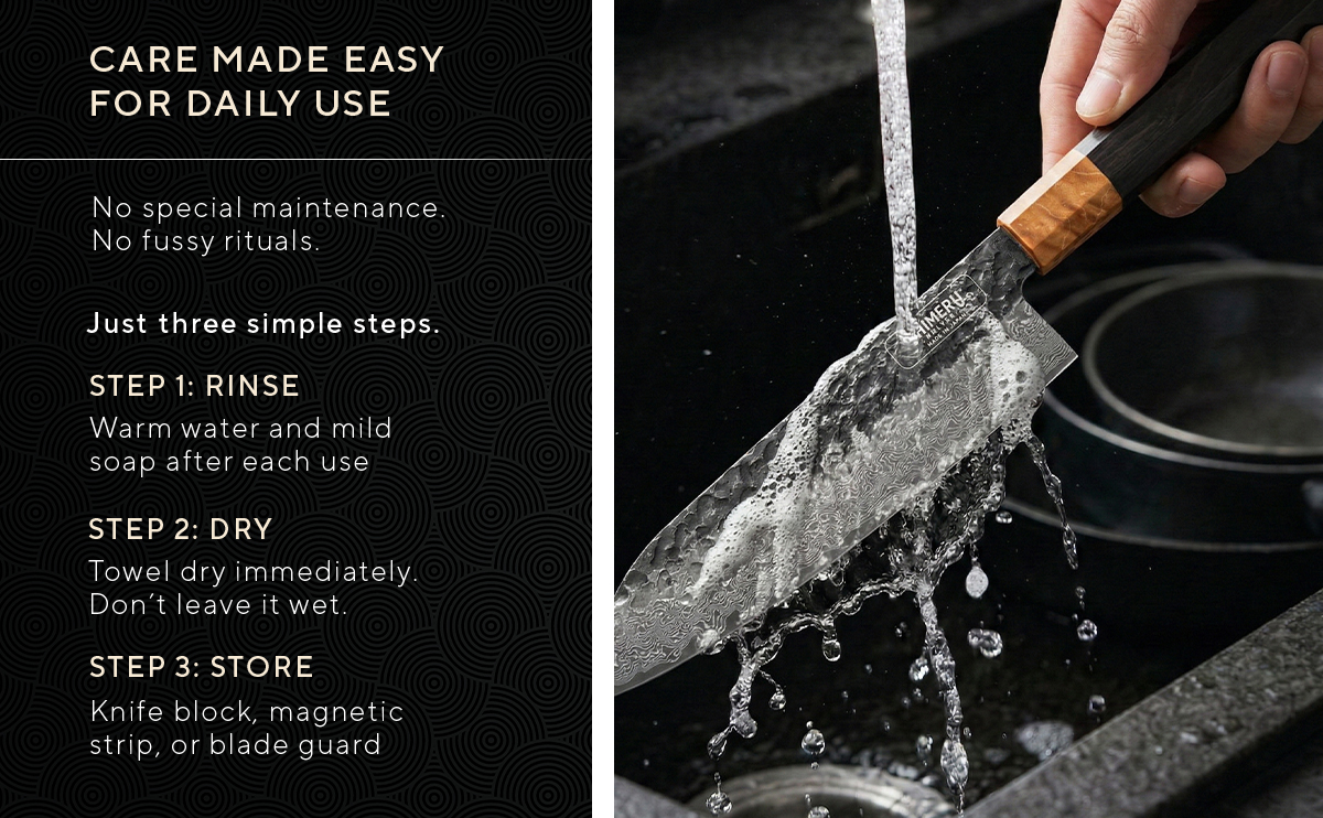 Knife care guide — Rinse, Dry, Store